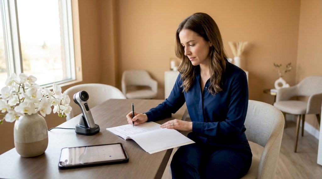 Medical esthetician reviewing patient chart
