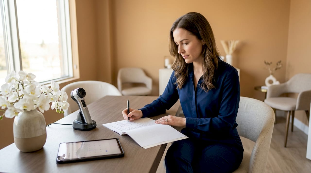 Medical esthetician reviewing patient chart