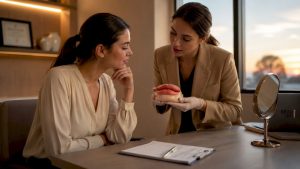 Practitioner consulting client about lip fillers