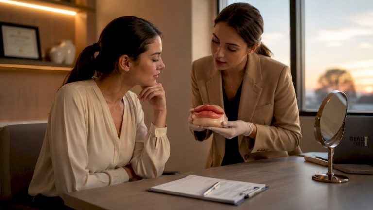 Practitioner consulting client about lip fillers