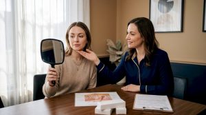 Patient and aesthetician discussing face shape injectables