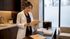 Nurse injector preparing cosmetic treatment in clinic