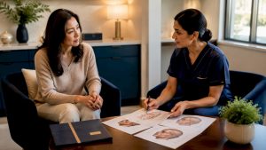 Woman attending botox consultation with nurse