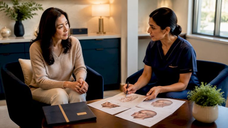 Woman attending botox consultation with nurse
