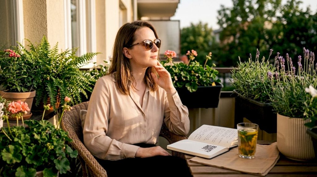 Woman sitting upright at office desk post-Botox treatment