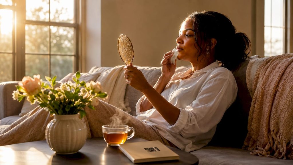 Woman applying cold compress to lips after filler