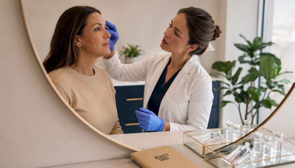 Medical injector consulting patient for Botox brow lift