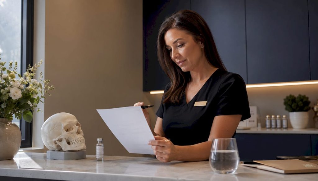 Cosmetic nurse injector reviewing patient notes at clinic desk
