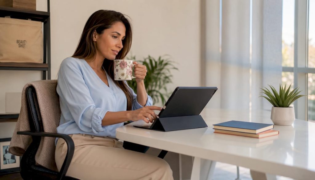 Woman browsing medspa alternatives at home