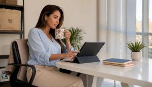 Woman browsing medspa alternatives at home