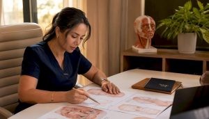 Nurse reviewing customized filler consultation notes