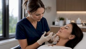 Nurse injecting chin crease filler