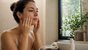 Woman applying moisturizer to face
