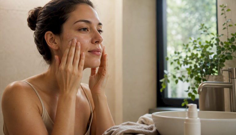 Woman applying moisturizer to face