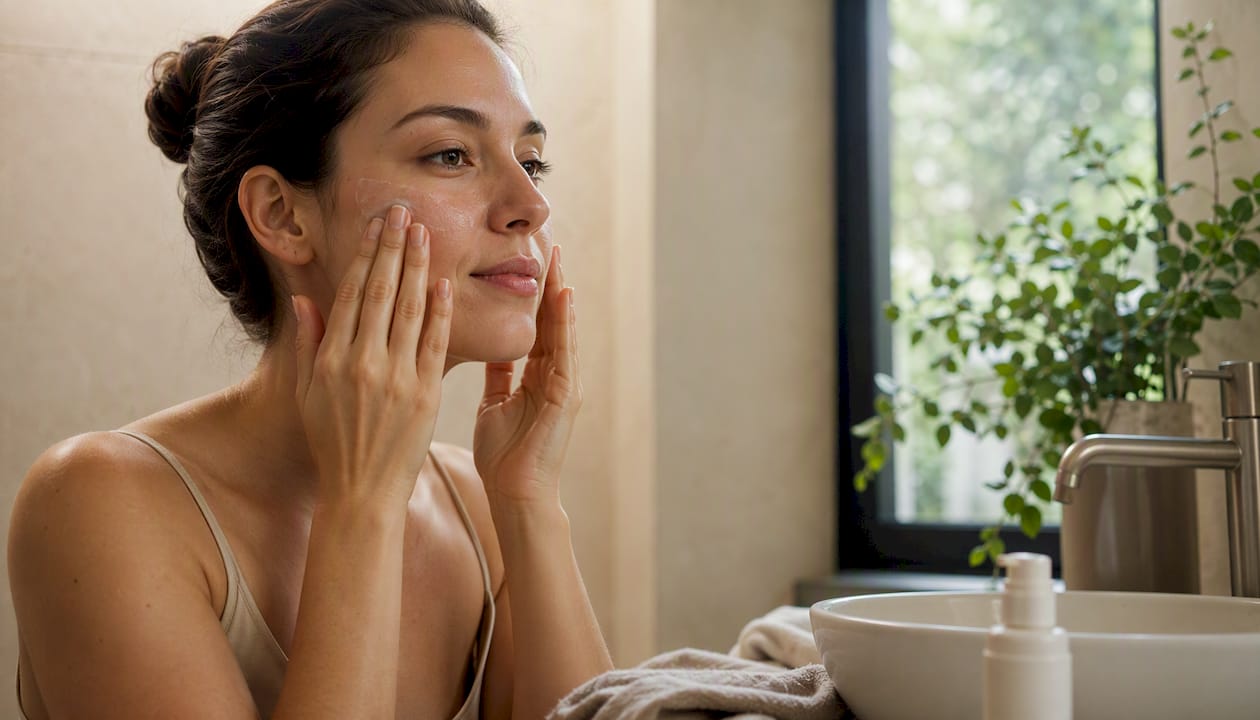 Woman applying moisturizer to face