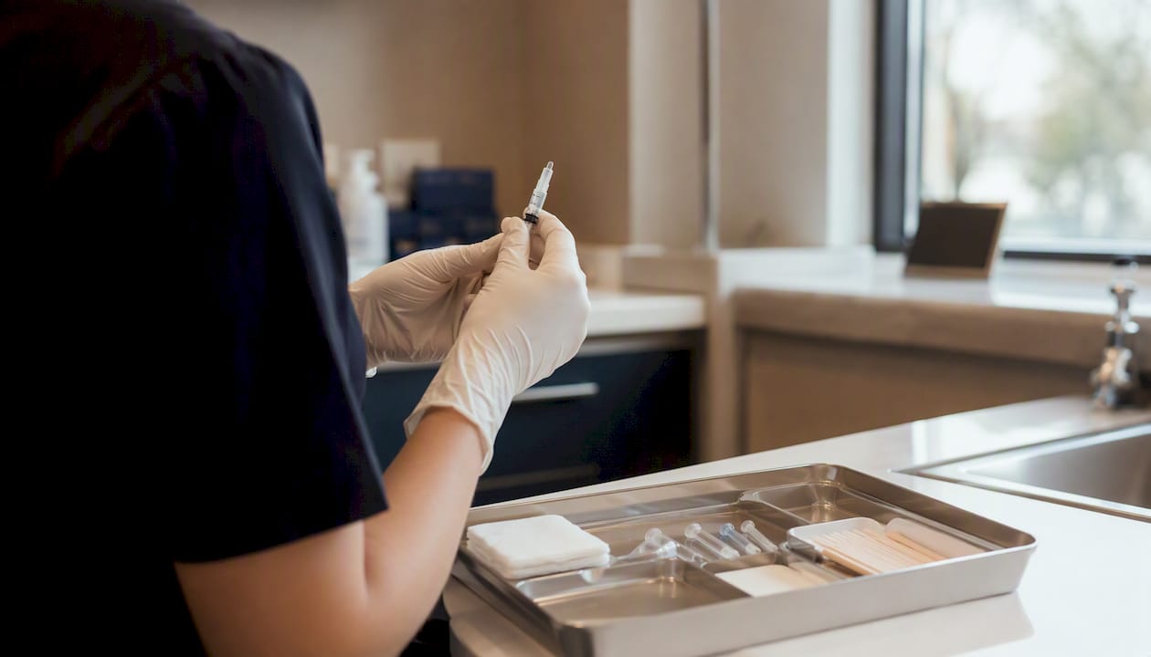 Nurse preparing syringe for under-eye filler