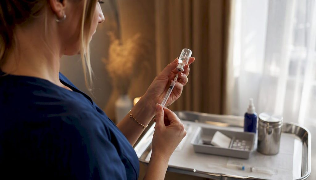 Cosmetic nurse's hands preparing injectable syringe