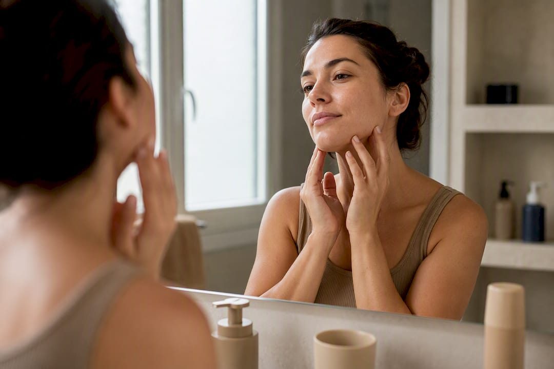 Woman touching jawline in bathroom mirror