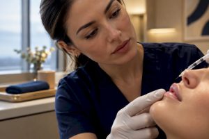 Nurse reviewing lip filler treatment volume