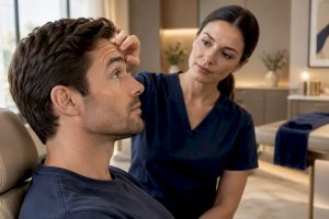 Nurse assessing male brow movement