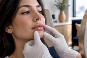 Clinician assessing lip filler firmness