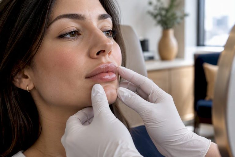 Clinician assessing lip filler firmness