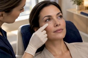 Nurse assessing under-eye filler swelling