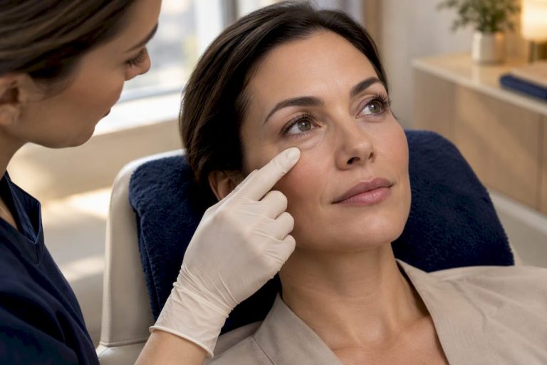 Nurse assessing under-eye filler swelling