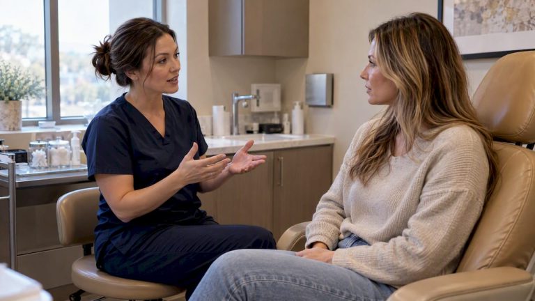 Nurse injector discussing alcohol before Botox