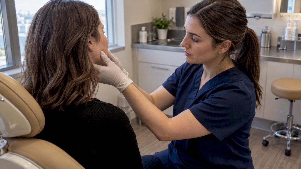 Nurse assessing patient’s masseter muscle