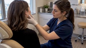 Nurse assessing patient’s masseter muscle