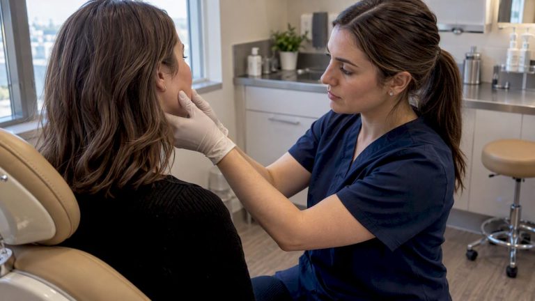 Nurse assessing patient’s masseter muscle