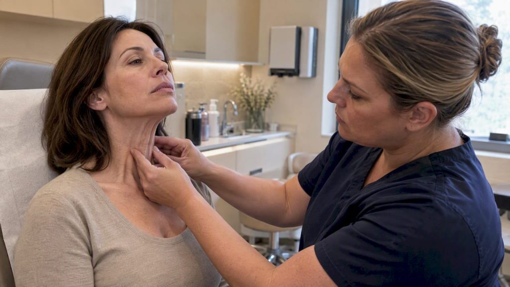 Nurse assessing visible neck bands during contraction