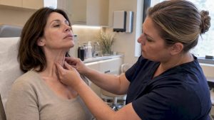Nurse assessing visible neck bands during contraction