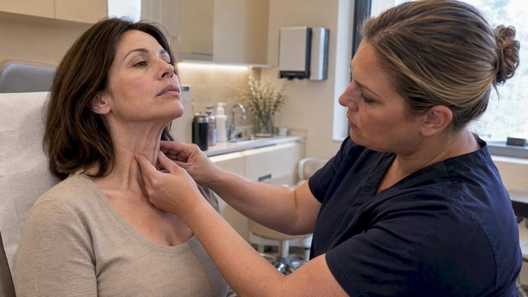 Nurse assessing visible neck bands during contraction