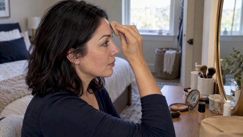 Woman gently applying makeup to forehead