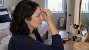 Woman gently applying makeup to forehead