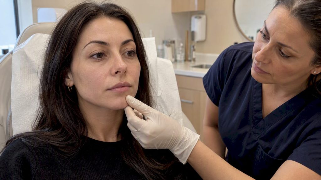 Nurse assessing a woman's natural lip proportions