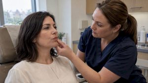 Nurse assesses lip movement and lines