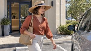 Woman wearing a hat outside an aesthetics clinic