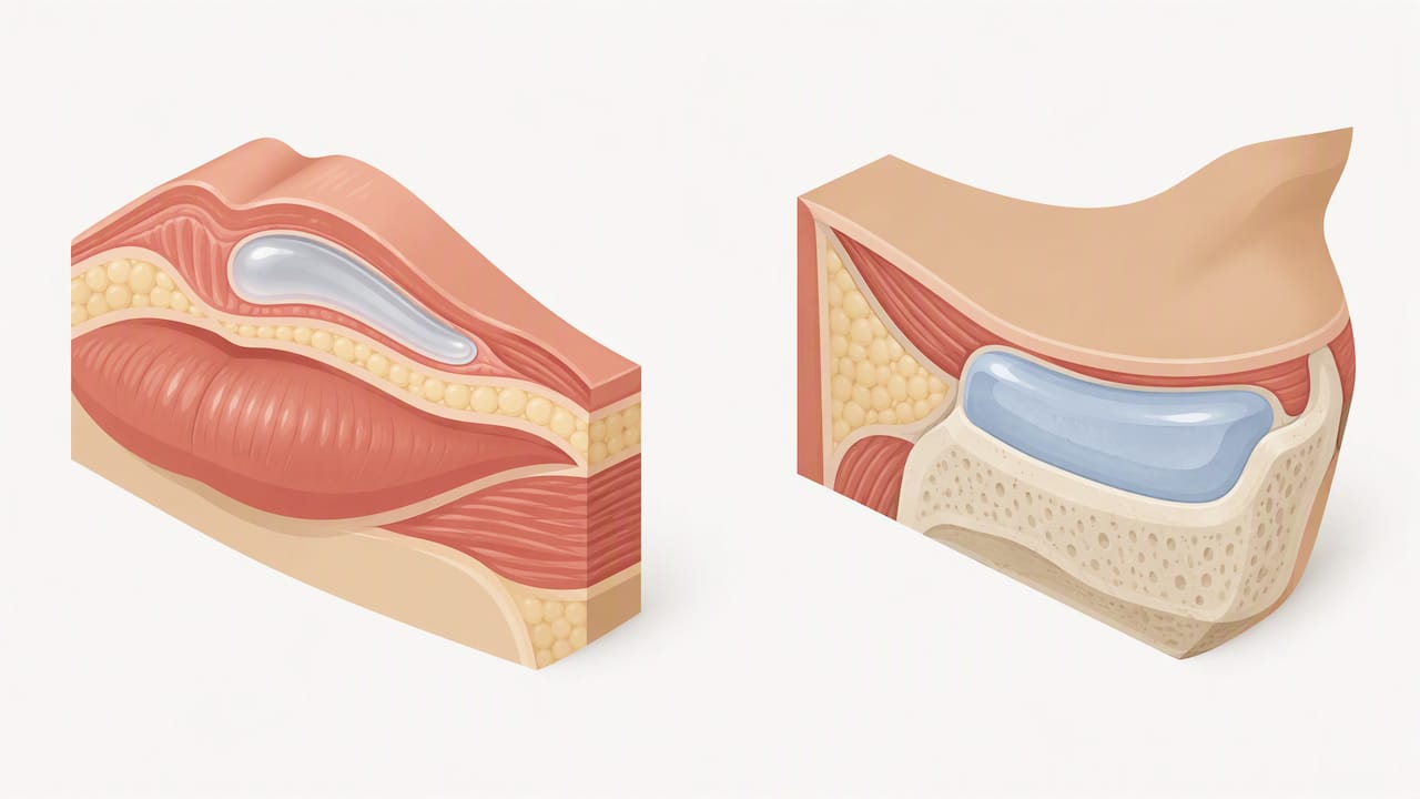 Illustration comparing flexible lip gel and firmer chin gel