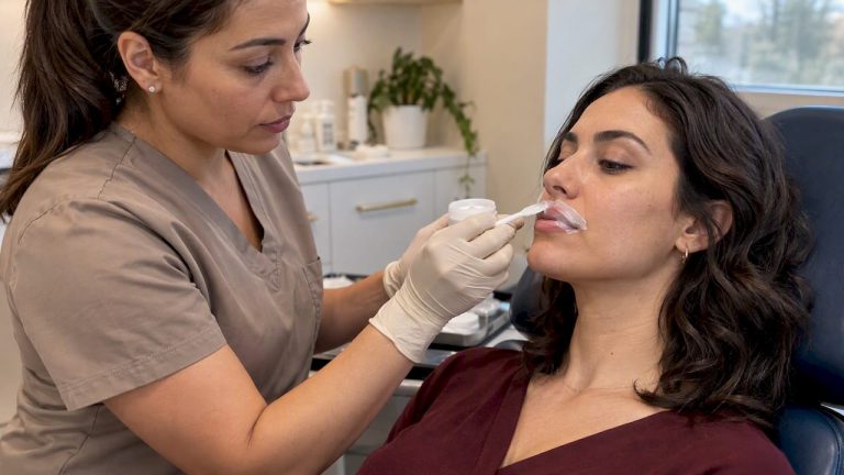 Nurse applying numbing cream before lip filler