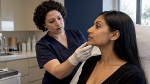 Clinician assessing a patient's chin profile